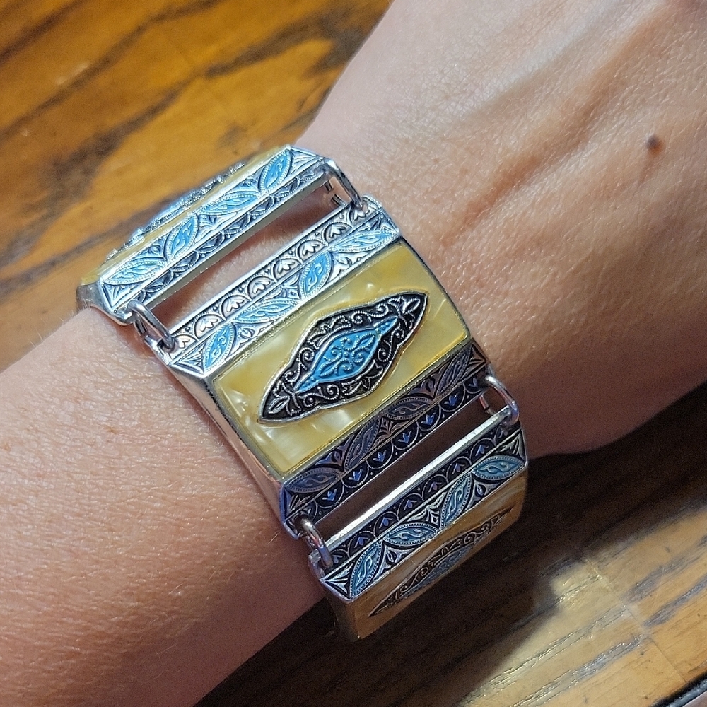 West Germany Vintage Panel Bracelet Faux Mother of Pearl Enamel Pressed Aluminum